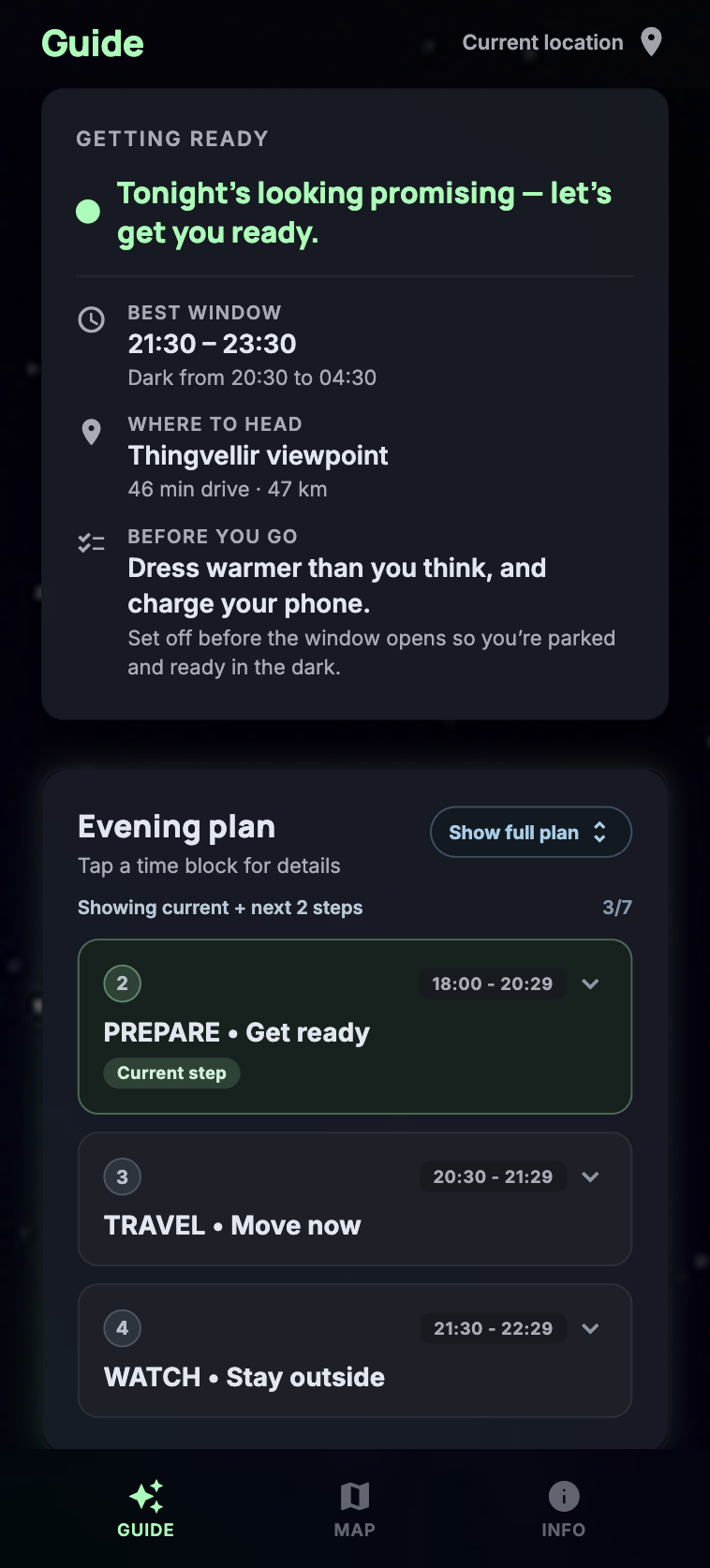 AuroraSpy guide screen: 'Tonight's looking promising — let's get you ready', with the best viewing window, where to head, and what to do before you go.